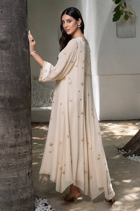 Label Ruhbab Off White Silk, Georgette, Linen Embroidery Round Neck Kalidar Kaftan Online at Aza Fashions Label Ruhbab_Off White Silk, Georgette, Linen Embroidery Round Neck Kalidar Kaftan _Online_at_Aza_Fashions