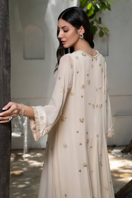 Buy Label Ruhbab Off White Silk, Georgette, Linen Embroidery Round Neck Kalidar Kaftan Online at Aza Fashions Buy_Label Ruhbab_Off White Silk, Georgette, Linen Embroidery Round Neck Kalidar Kaftan _Online_at_Aza_Fashions