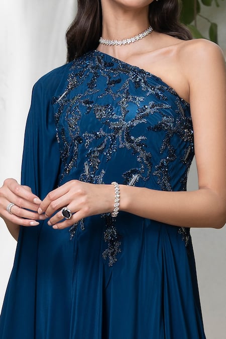 Label Ruhbab Blue Silk, Crepe, Linen Sequins, Crystals One Shoulder Draped Kaftan And Pant Set Online at Aza Fashions Label Ruhbab_Blue Silk, Crepe, Linen Sequins, Crystals One Shoulder Draped Kaftan And Pant Set _Online_at_Aza_Fashions
