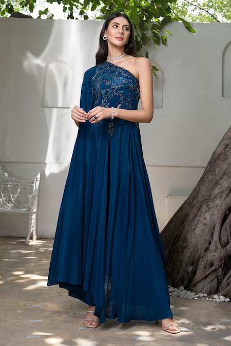 Buy Label Ruhbab Blue Silk, Crepe, Linen Sequins, Crystals One Shoulder Draped Kaftan And Pant Set Online at Aza Fashions Buy_Label Ruhbab_Blue Silk, Crepe, Linen Sequins, Crystals One Shoulder Draped Kaftan And Pant Set _Online_at_Aza_Fashions
