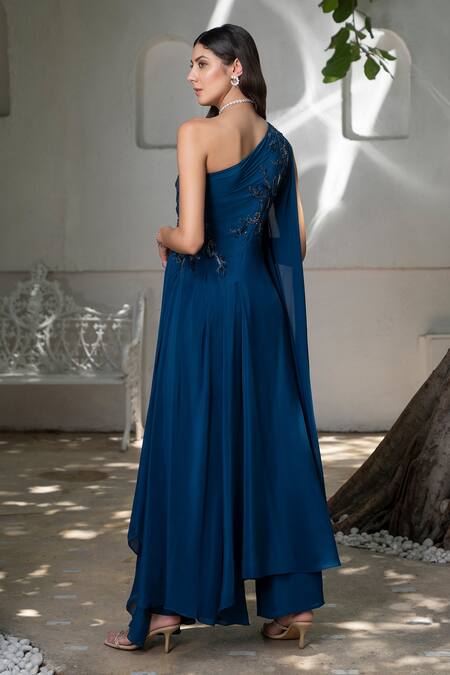 Shop Label Ruhbab Blue Silk, Crepe, Linen Sequins, Crystals One Shoulder Draped Kaftan And Pant Set Online at Aza Fashions Shop_Label Ruhbab_Blue Silk, Crepe, Linen Sequins, Crystals One Shoulder Draped Kaftan And Pant Set _Online_at_Aza_Fashions