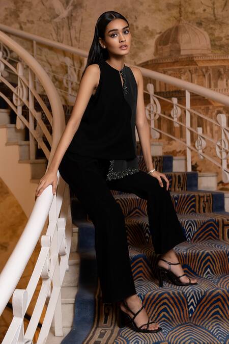 Label Ruhbab_Green Silk, Polyester Sequins, Beads Collared Asymmetric Crepe Top And Pant Set _Online_at_Aza_Fashions