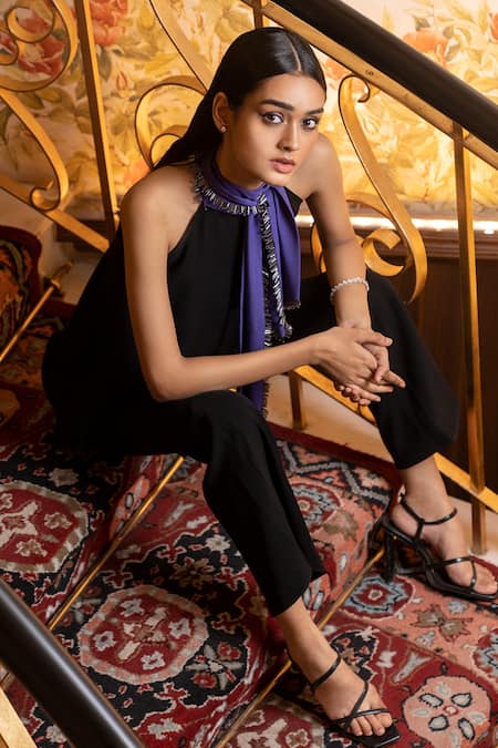 Label Ruhbab_Black Premium Micro-poly Blend Embroidery Bugle Beads Halter Neck Top And Pant Set _Online_at_Aza_Fashions