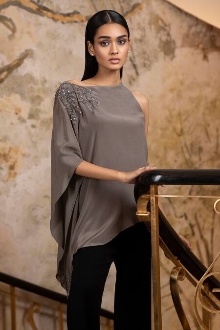 Label Ruhbab Grey Silk, Viscose Sequins, Crystals Asymmetric Crepe Draped Top Online at Aza Fashions Label Ruhbab_Grey Silk, Viscose Sequins, Crystals Asymmetric Crepe Draped Top _Online_at_Aza_Fashions