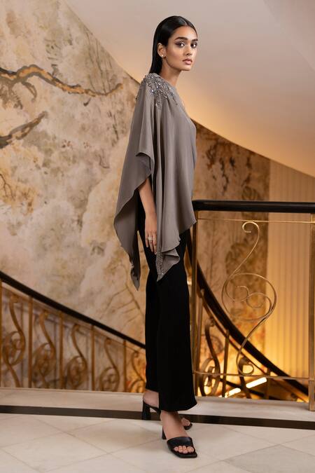 Buy Label Ruhbab Grey Silk, Viscose Sequins, Crystals Asymmetric Crepe Draped Top Online at Aza Fashions Buy_Label Ruhbab_Grey Silk, Viscose Sequins, Crystals Asymmetric Crepe Draped Top _Online_at_Aza_Fashions