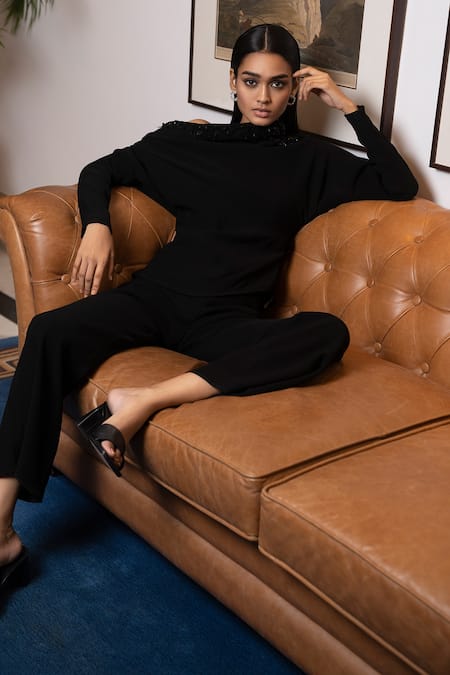 Label Ruhbab_Black Microfiber Sequins, Crystals, Beads Off-shoulder Drop Top And Pant Set _Online_at_Aza_Fashions