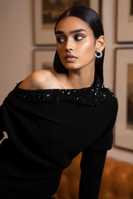 Buy_Label Ruhbab_Black Microfiber Sequins, Crystals, Beads Off-shoulder Drop Top And Pant Set _Online_at_Aza_Fashions