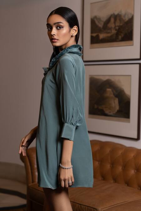 Label Ruhbab_Green Silk, Viscose Embroidery Turtle Neck Tie-up Crepe Dress _Online_at_Aza_Fashions