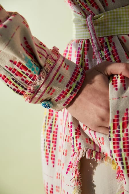 Betrue_Off White Cotton, Acrylic Embroidery Shawl Neck Cross Stitch Safari Tunic _Online_at_Aza_Fashions