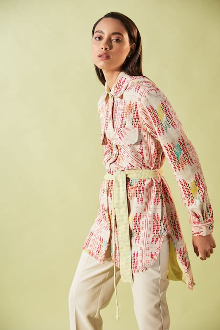 Shop_Betrue_Off White Cotton, Acrylic Embroidery Shawl Neck Cross Stitch Safari Tunic _Online_at_Aza_Fashions