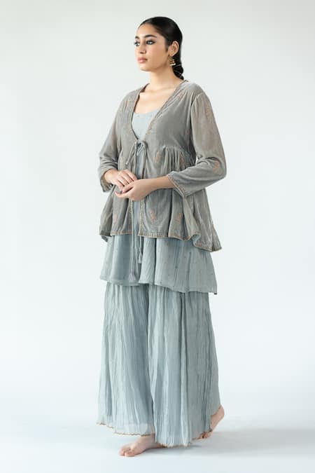 Buy_Nirjara_Gray Velvet Embroidery Open Neck Grey Jacket _Online_at_Aza_Fashions