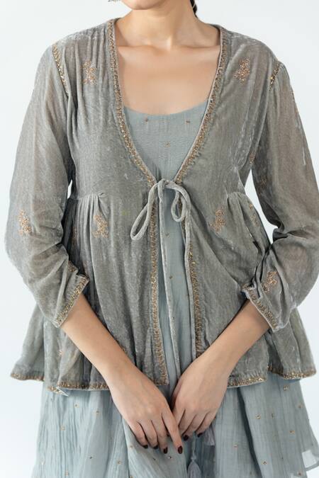 Shop_Nirjara_Gray Velvet Embroidery Open Neck Grey Jacket _Online_at_Aza_Fashions
