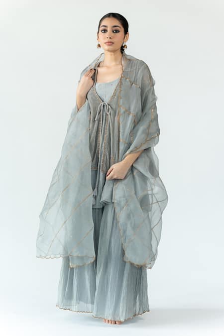 Shop_Nirjara_Grey Chanderi Cotton Embroidery Round Neck Niloufer Kurta And Gharara Set _Online_at_Aza_Fashions