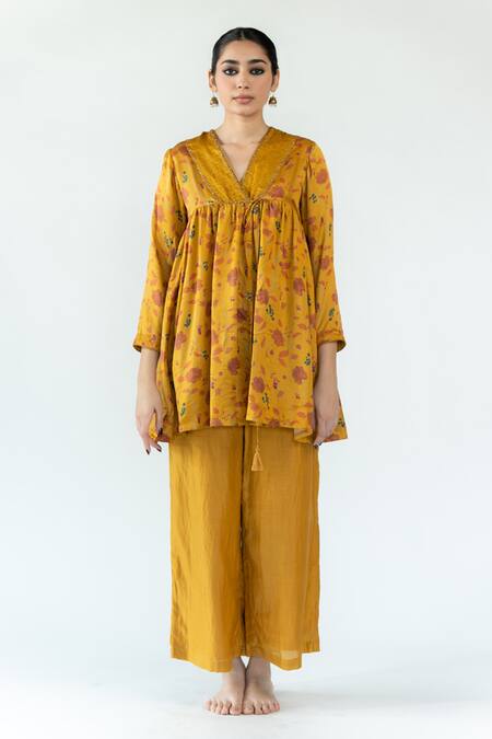 Nirjara_Yellow Cotton, Silk, Satin V-neck Shagufta Short Kurta And Pant Set _Online_at_Aza_Fashions