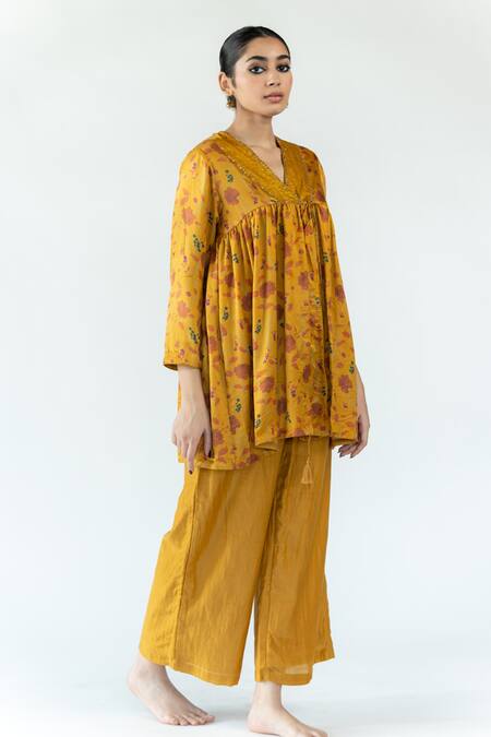 Buy_Nirjara_Yellow Cotton, Silk, Satin V-neck Shagufta Short Kurta And Pant Set _Online_at_Aza_Fashions