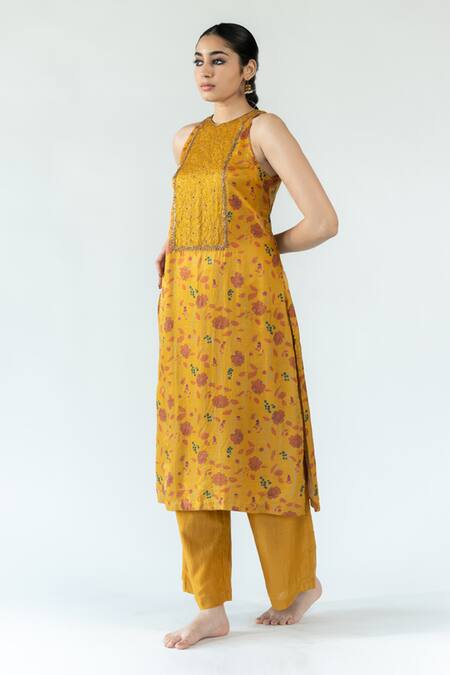 Shop_Nirjara_Yellow , Silk, , Embroidery Shalimar Kurta And Pant Set _Online_at_Aza_Fashions