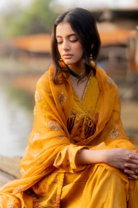 Shop_Nirjara_Yellow Cotton, Silk, Satin V-neck Shagufta Short Kurta And Pant Set _Online_at_Aza_Fashions