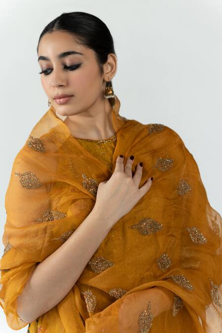 Buy_Nirjara_Yellow Organza, Silk Beads Nikhat Embroidered Odhani _Online_at_Aza_Fashions