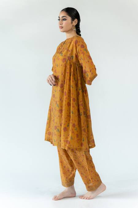 Buy_Nirjara_Yellow Cotton, Silk Embroidery Round Gulbaag Floral Pattern Kurta And Salwr Set _Online_at_Aza_Fashions