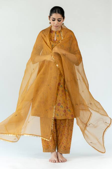 Shop_Nirjara_Yellow Cotton, Silk Embroidery Round Gulbaag Floral Pattern Kurta And Salwr Set _Online_at_Aza_Fashions