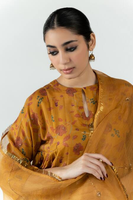 Nirjara_Yellow Cotton, Silk Embroidery Round Gulbaag Floral Pattern Kurta And Salwr Set _at_Aza_Fashions