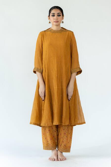 Nirjara_Yellow Chanderi , Satin, , Silk Inaya Kurta And Salwar Set _Online_at_Aza_Fashions