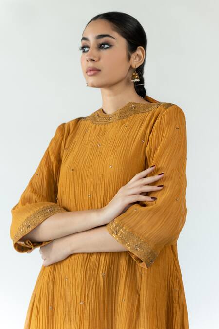 Buy_Nirjara_Yellow Chanderi , Satin, , Silk Inaya Kurta And Salwar Set _Online_at_Aza_Fashions