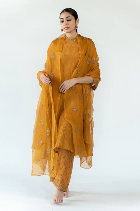 Shop_Nirjara_Yellow Chanderi , Satin, , Silk Inaya Kurta And Salwar Set _Online_at_Aza_Fashions