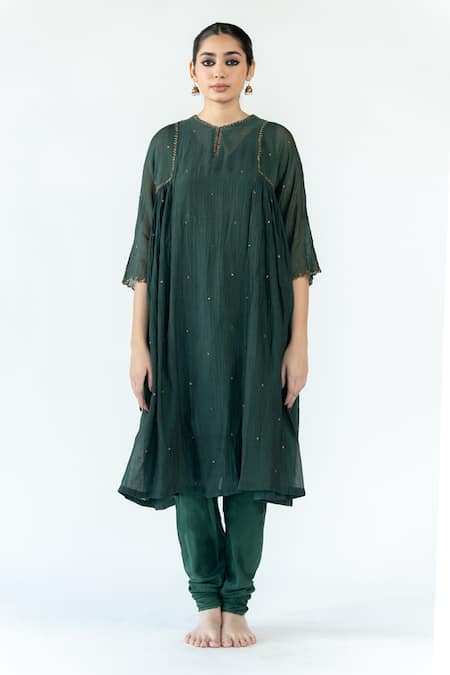 Nirjara_Green Chanderi Cotton, Cotton, Silk Embroidery Round Arsh Kurta And Churidar Set _Online_at_Aza_Fashions