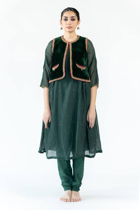 Nirjara_Green Velvet Embroidery Open Neck Masuma Sadri _Online_at_Aza_Fashions