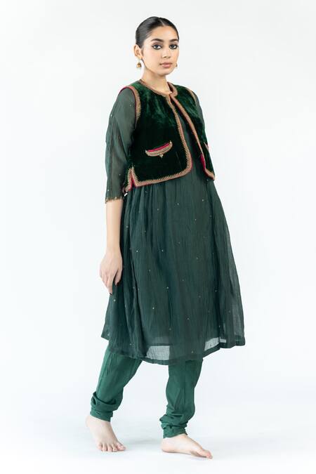 Buy_Nirjara_Green Velvet Embroidery Open Neck Masuma Sadri _Online_at_Aza_Fashions