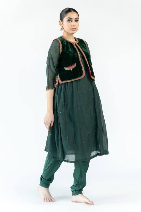 Buy_Nirjara_Green Chanderi Cotton, Cotton, Silk Embroidery Round Arsh Kurta And Churidar Set _Online_at_Aza_Fashions