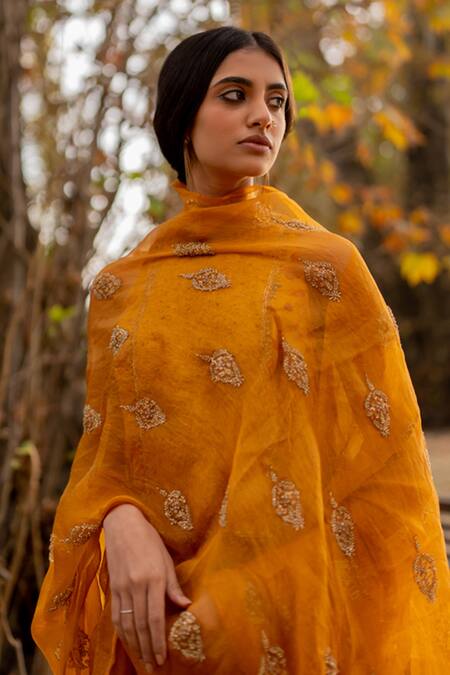 Nirjara_Yellow Organza, Silk Beads Nikhat Embroidered Odhani _at_Aza_Fashions