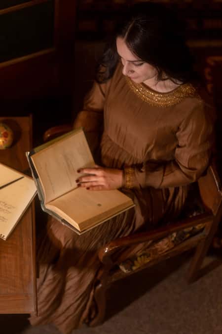 Nirjara_Brown Chanderi Cotton Embroidery Round Neck Neckline Jama _at_Aza_Fashions