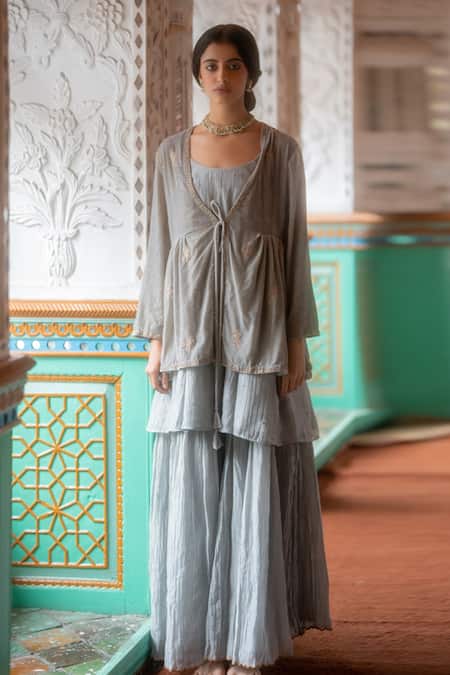 Nirjara_Grey Chanderi Cotton Embroidery Round Neck Niloufer Kurta And Gharara Set _Online_at_Aza_Fashions