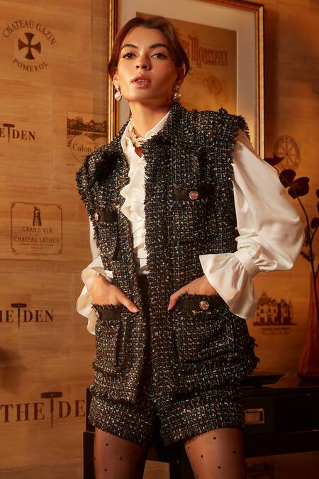 Buy_Label Deepika Nagpal_Black Tweed, Lining Taffeta, Shirt Crepe Satin Carrie Jacket Pant Set_Online_at_Aza_Fashions