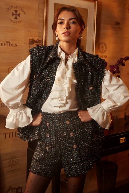 Shop_Label Deepika Nagpal_Black Tweed, Lining Taffeta, Shirt Crepe Satin Carrie Jacket Pant Set_Online_at_Aza_Fashions