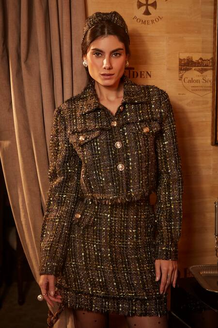 Label Deepika Nagpal_Black Tweed, Lining Taffeta Collared Neck Bella Blazer And Skirt Set_Online_at_Aza_Fashions