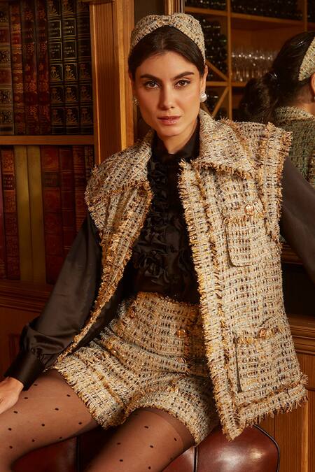 Buy_Label Deepika Nagpal_Gold Tweed, Lining Taffeta, Shirt Crepe Satin Collared Neck Jacket Pant Set_Online_at_Aza_Fashions