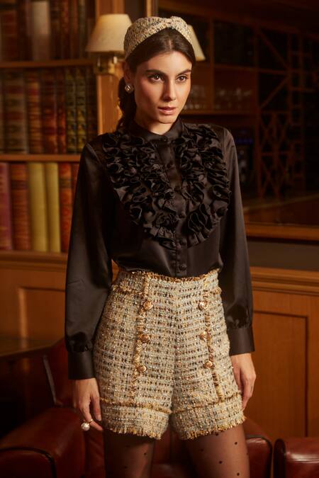 Label Deepika Nagpal_Gold Tweed, Lining Taffeta, Shirt Crepe Satin Collared Neck Jacket Pant Set_at_Aza_Fashions