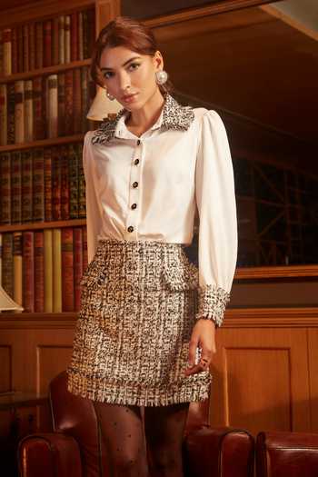 Label Deepika Nagpal_White Lining 100% Polyester, Shirt Premium Satin, Skirt Tweed Nora And Set_Online_at_Aza_Fashions