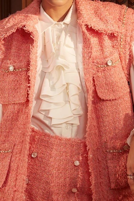 Label Deepika Nagpal_Peach Tweed, Lining Taffeta Bead Chains Collared Neck Frida Jacket_Online_at_Aza_Fashions