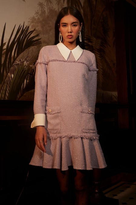 Buy_Label Deepika Nagpal_Purple Tweed, Lining Taffeta Collared Neck Iris Dress With Bowtie_Online_at_Aza_Fashions