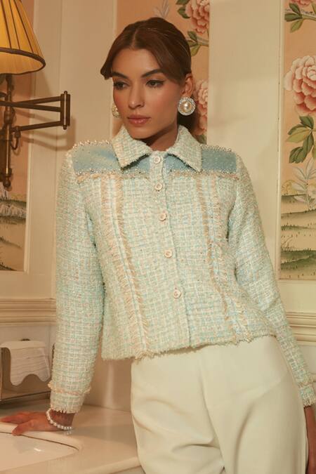 Label Deepika Nagpal_Blue Tweed, Lining Taffeta, Suede Pearl Work Checkered Embellished Crop Jacket_Online_at_Aza_Fashions