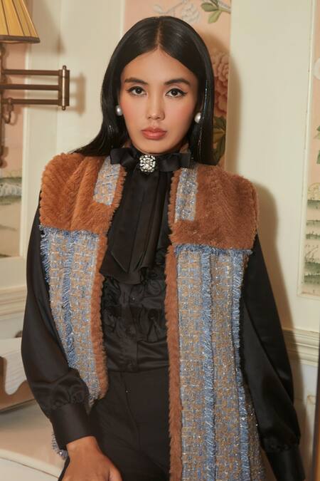 Label Deepika Nagpal_Black Faux Fur, Gilet Tweed, Lining Taffeta, Satin Ivy Panelled Jacket With_Online_at_Aza_Fashions