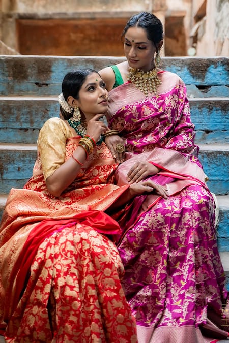 Taba Kashi By Artika Shah_Red Kota Doria Embroidery Handloom Shikargah Jaal Woven Saree _Online_at_Aza_Fashions