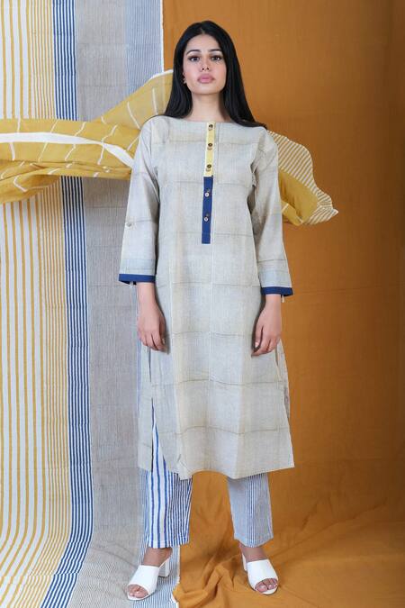 Shop Banana Labs Yellow Cotton Round Neck Flabber Striped Kurta Pant Set Online at Aza Fashions Shop_Banana Labs_Yellow Cotton Round Neck Flabber Striped Kurta Pant Set _Online_at_Aza_Fashions