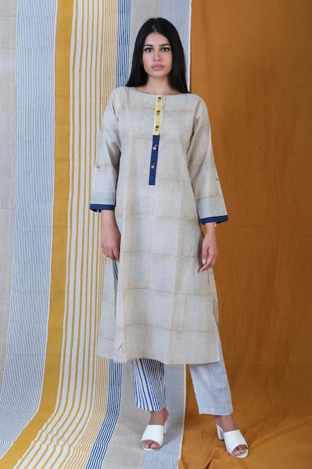 Banana Labs Yellow Cotton Round Neck Flabber Striped Kurta Pant Set at Aza Fashions Banana Labs_Yellow Cotton Round Neck Flabber Striped Kurta Pant Set _at_Aza_Fashions