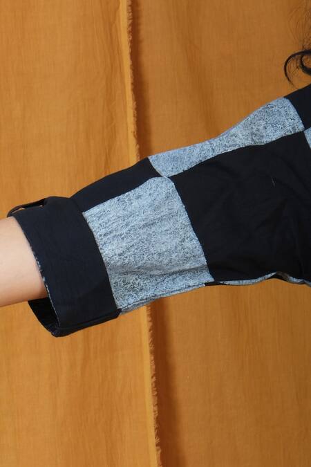 Banana Labs_Black Cotton Collared Checkerboard Print Pant Set _Online_at_Aza_Fashions