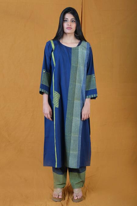 Shop Banana Labs Blue Cotton Round Neck Flabber Twister Striped Kurta Pant Set Online at Aza Fashions Shop_Banana Labs_Blue Cotton Round Neck Flabber Twister Striped Kurta Pant Set _Online_at_Aza_Fashions